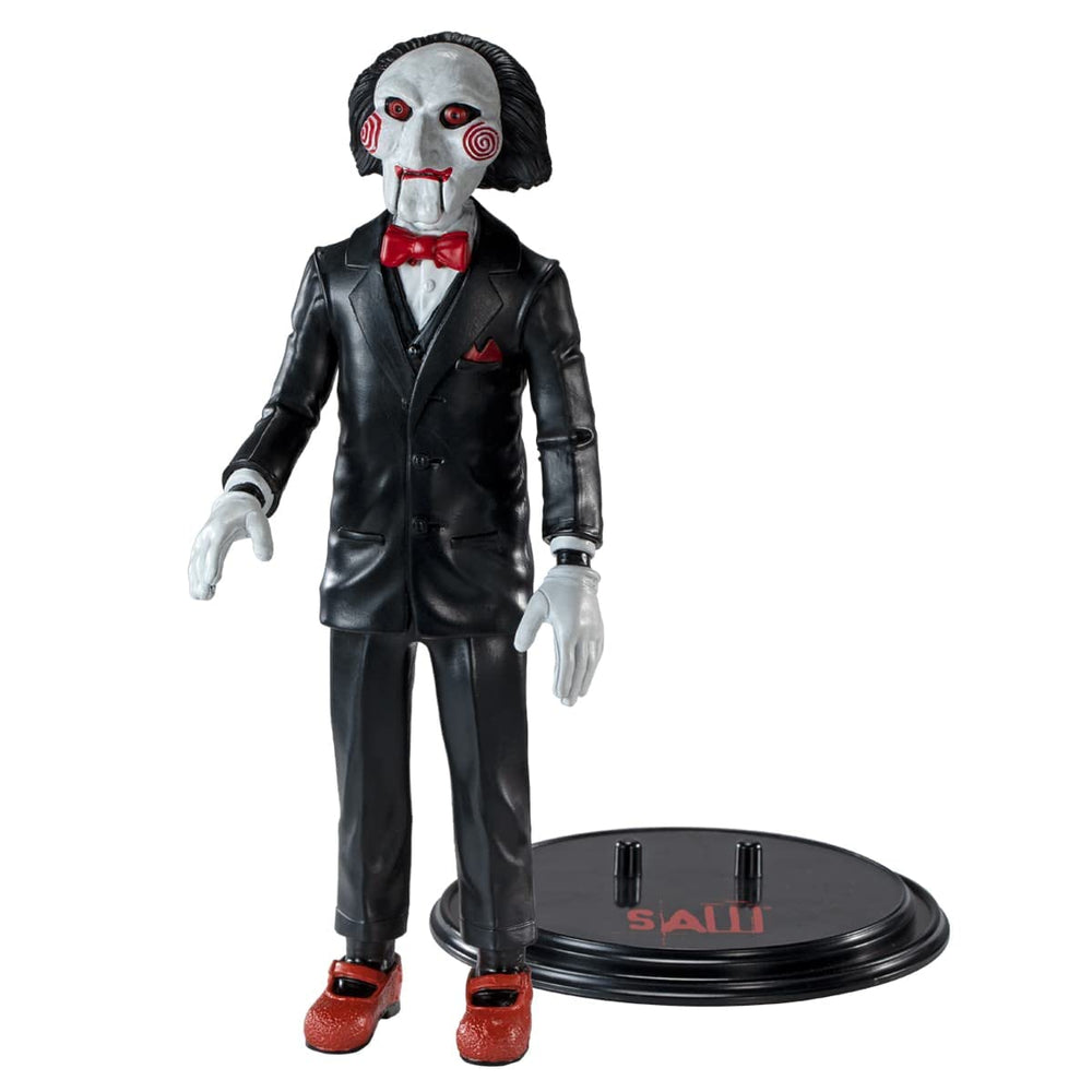BendyFigs Saw Billy figurine on stand, ideal for display and collection.