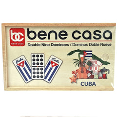 Bene Casa Cuban flag dominoes in a wooden box ready for play