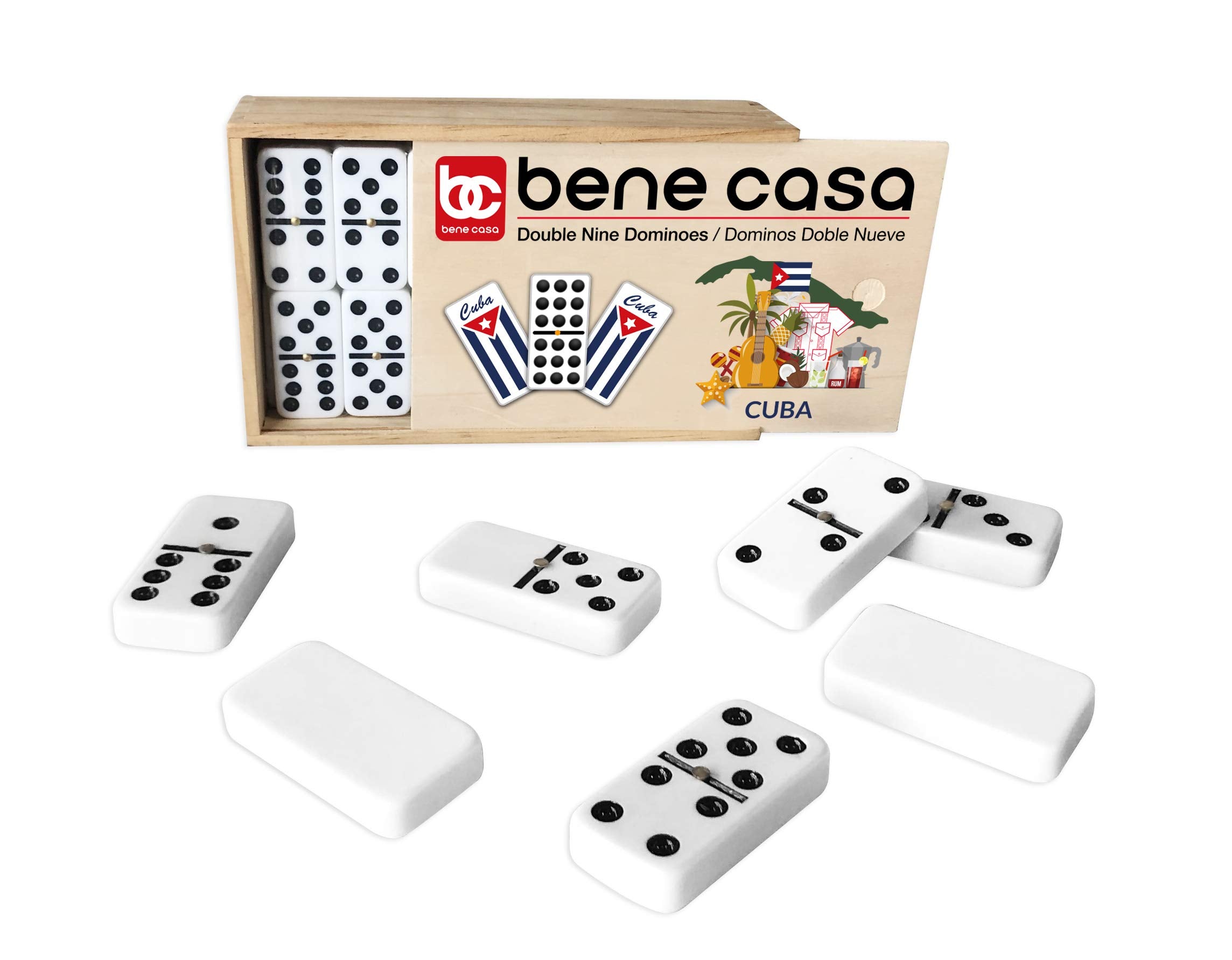 Dominoes lined up for family game night with Bene Casa Cuban flag set