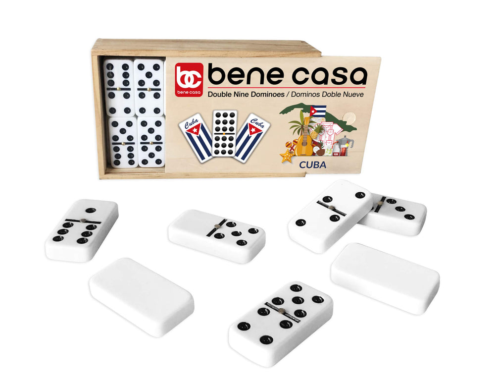 Dominoes lined up for family game night with Bene Casa Cuban flag set
