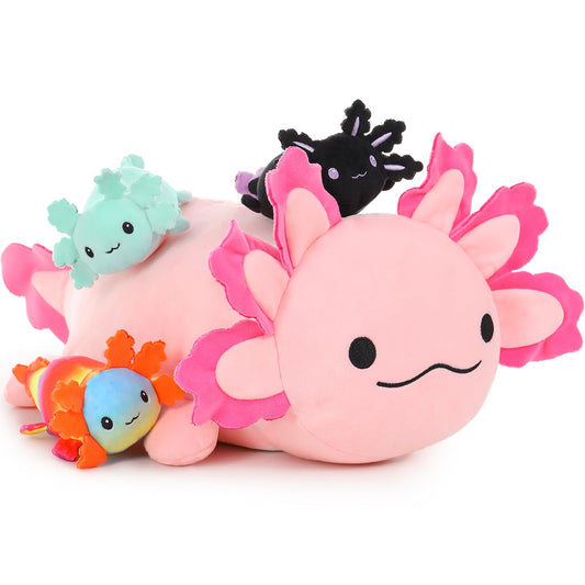 BENINY 24-inch axolotl plush mom with babies for cozy cuddling.