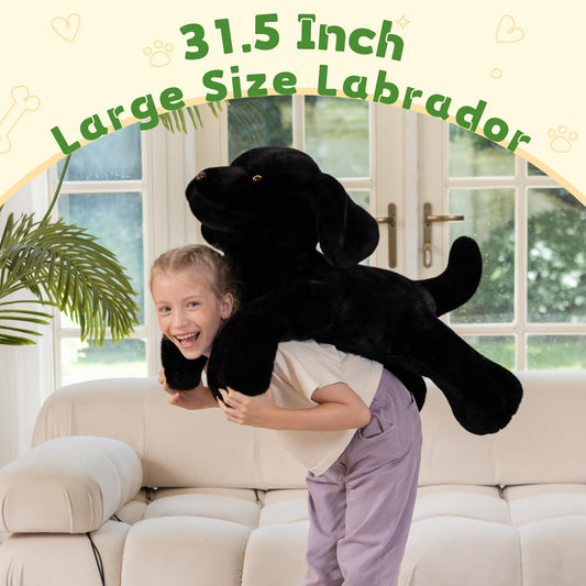 BENINY Giant Black Lab plush with glossy fur and warm amber eyes for a lifelike hug.
