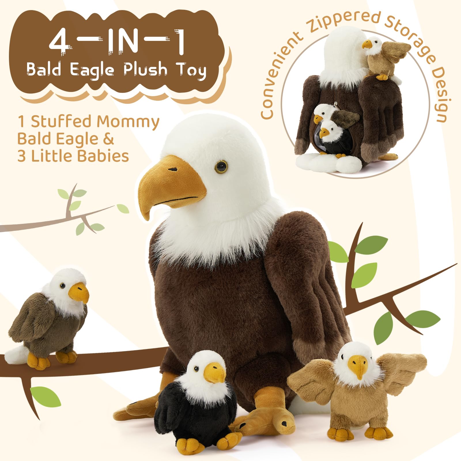 BENINY 4-piece eagle plush bundle designed for easy storage and travel.