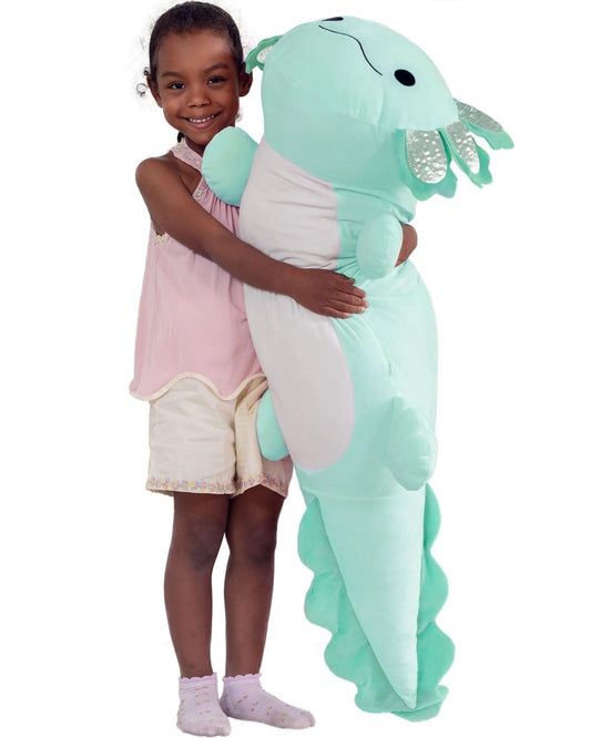 BENINY giant axolotl plush with 39-inch height for cozy hugs.