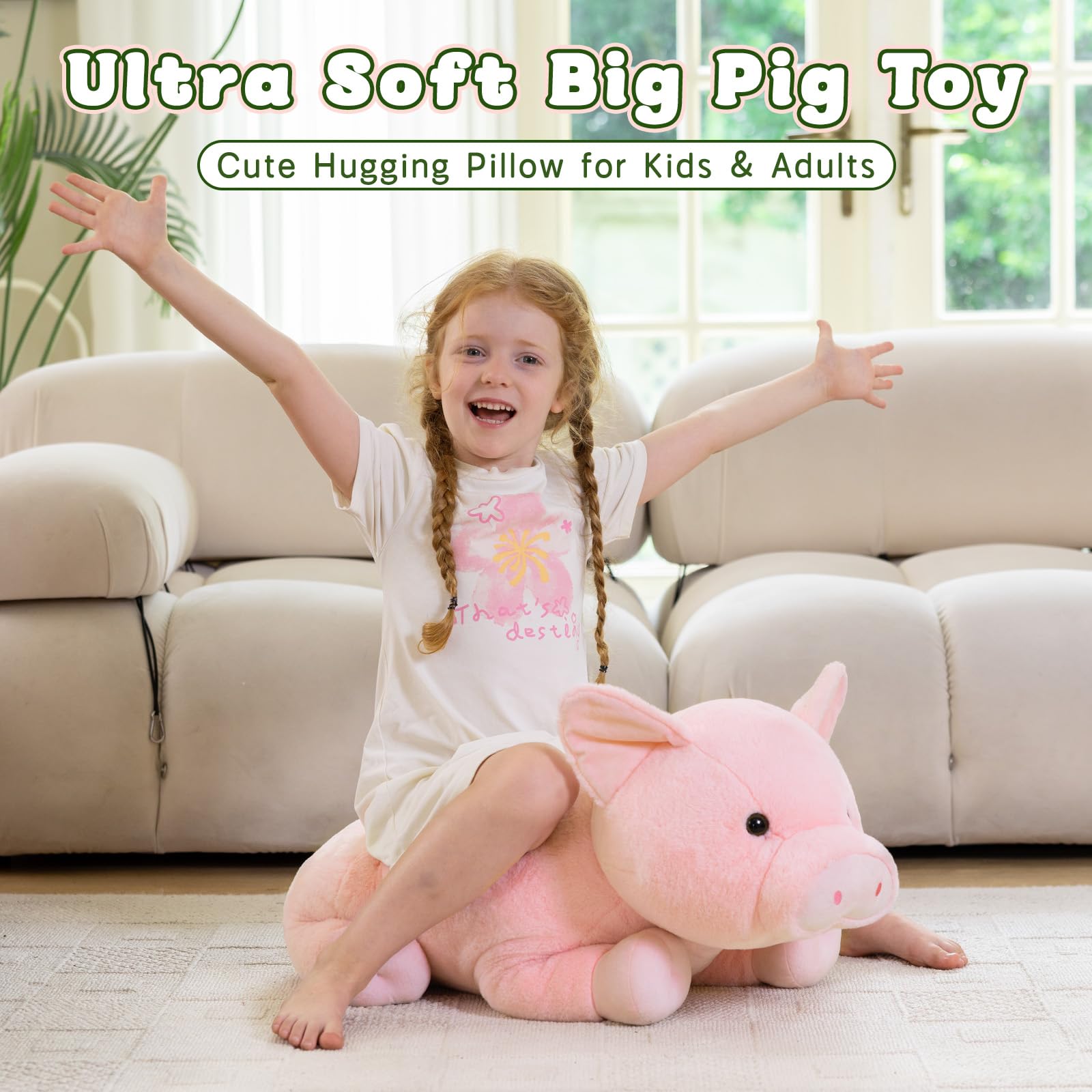 BENINY Giant Pink Pig plush 30in close-up shows ultra-soft fabric for gentle hugs