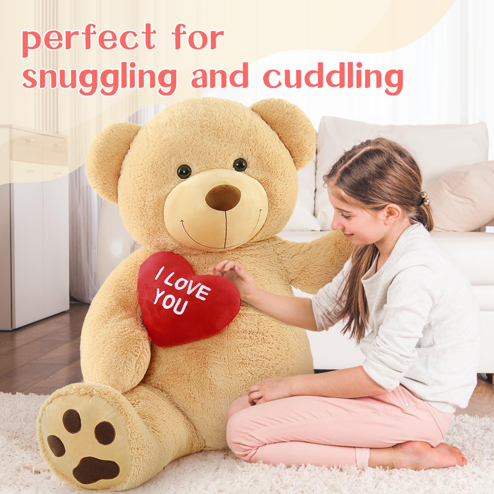 Beniny bear hugged by a child in living room.