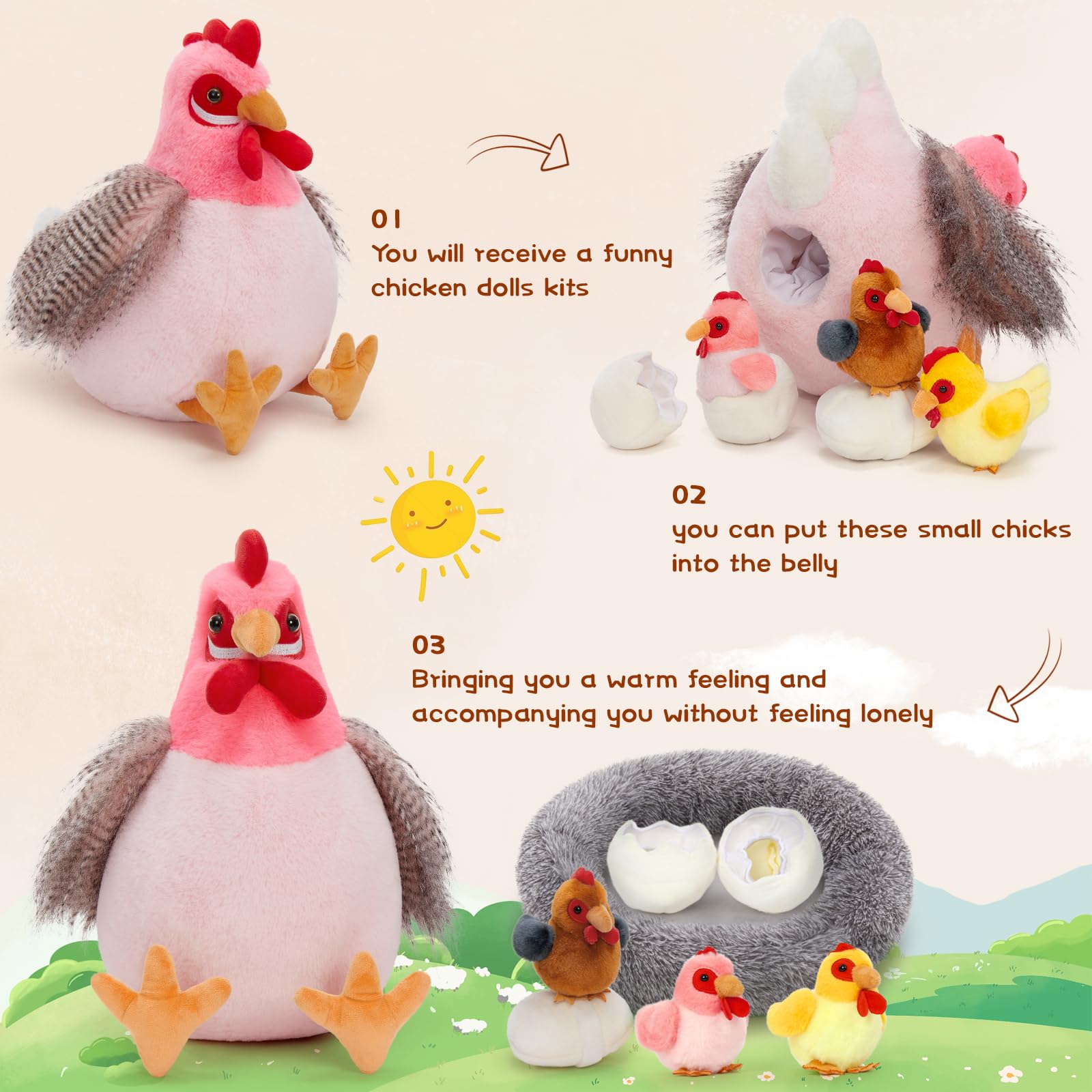 BENINY pink hen with chicks, ideal for nurturing storytelling and gentle bonding games.