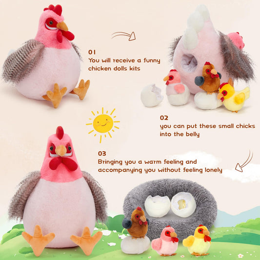 BENINY pink hen with chicks, ideal for nurturing storytelling and gentle bonding games.