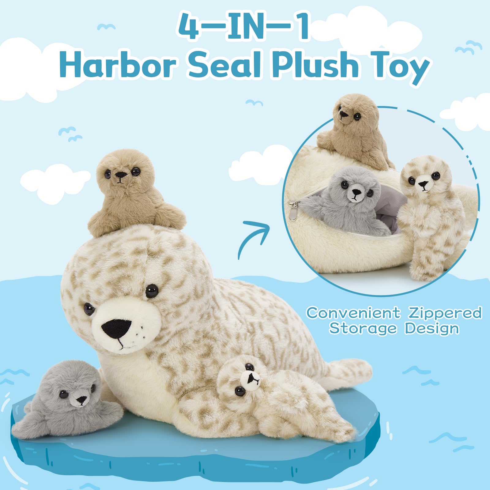 BENINY mommy seal unzip tummy to reveal pups, promotes imaginative play and organizational habits.