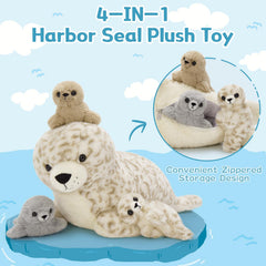 BENINY mommy seal unzip tummy to reveal pups, promotes imaginative play and organizational habits.