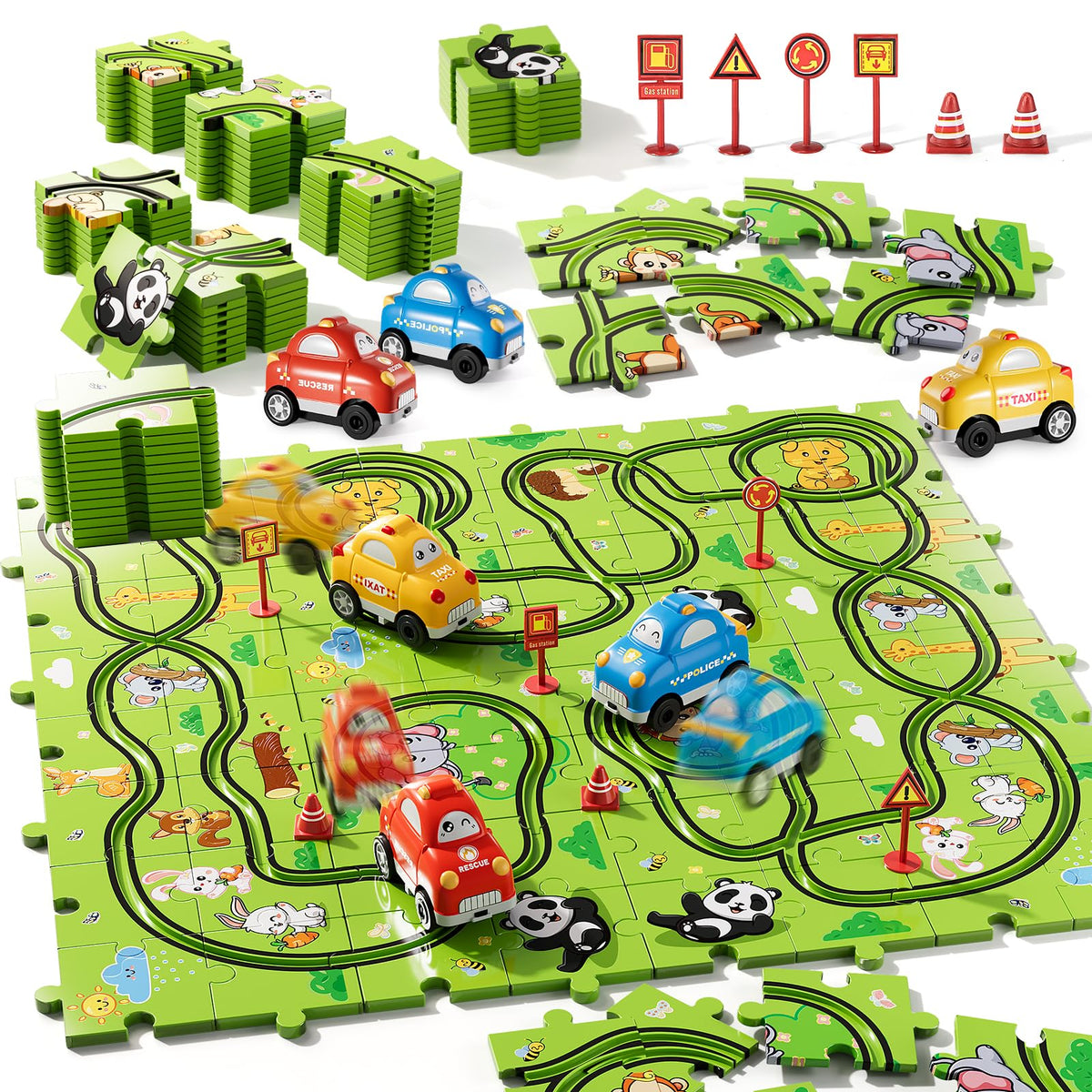Bennol 73-piece puzzle race track set for imaginative toddler play
