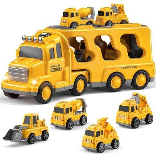 Bennol construction trucks side view with excavator for imaginative building play.