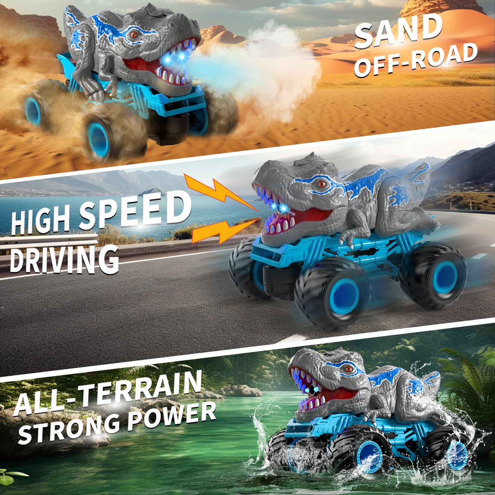 Bennol dinosaur car blue LED lights enhance night play and visibility