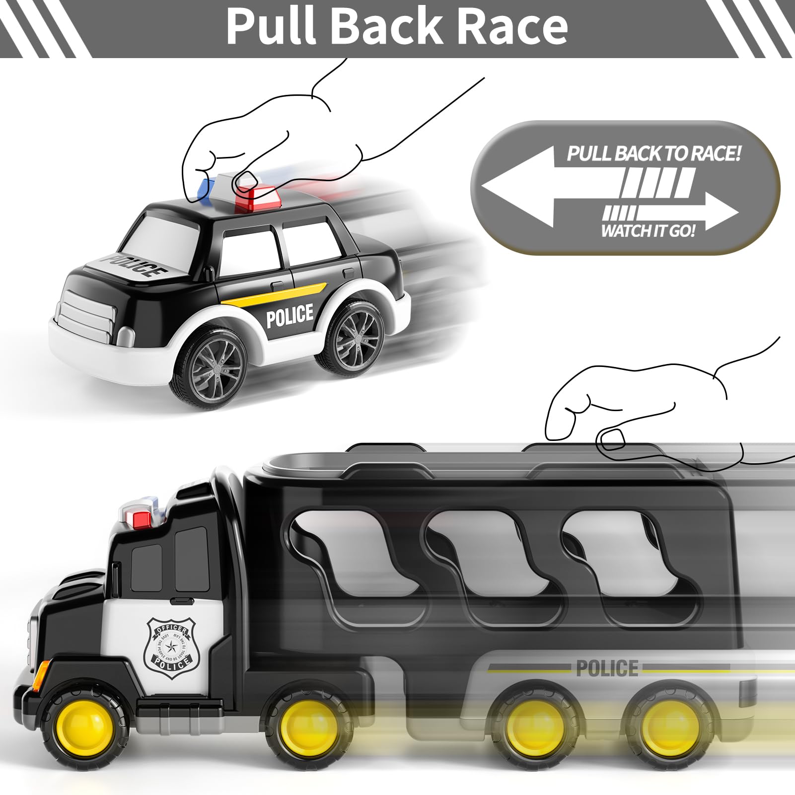 Bennol Police Truck trailer attachment shows sturdy connection during pretend play.
