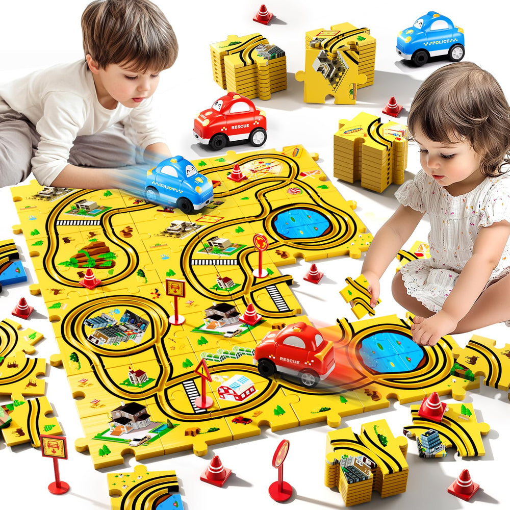 Bennol puzzle race car track assembly view for creative building play.
