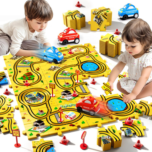 Bennol puzzle race car track assembly view for creative building play.