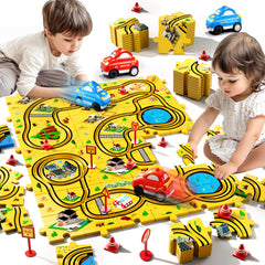 Bennol puzzle race car track assembly view for creative building play.