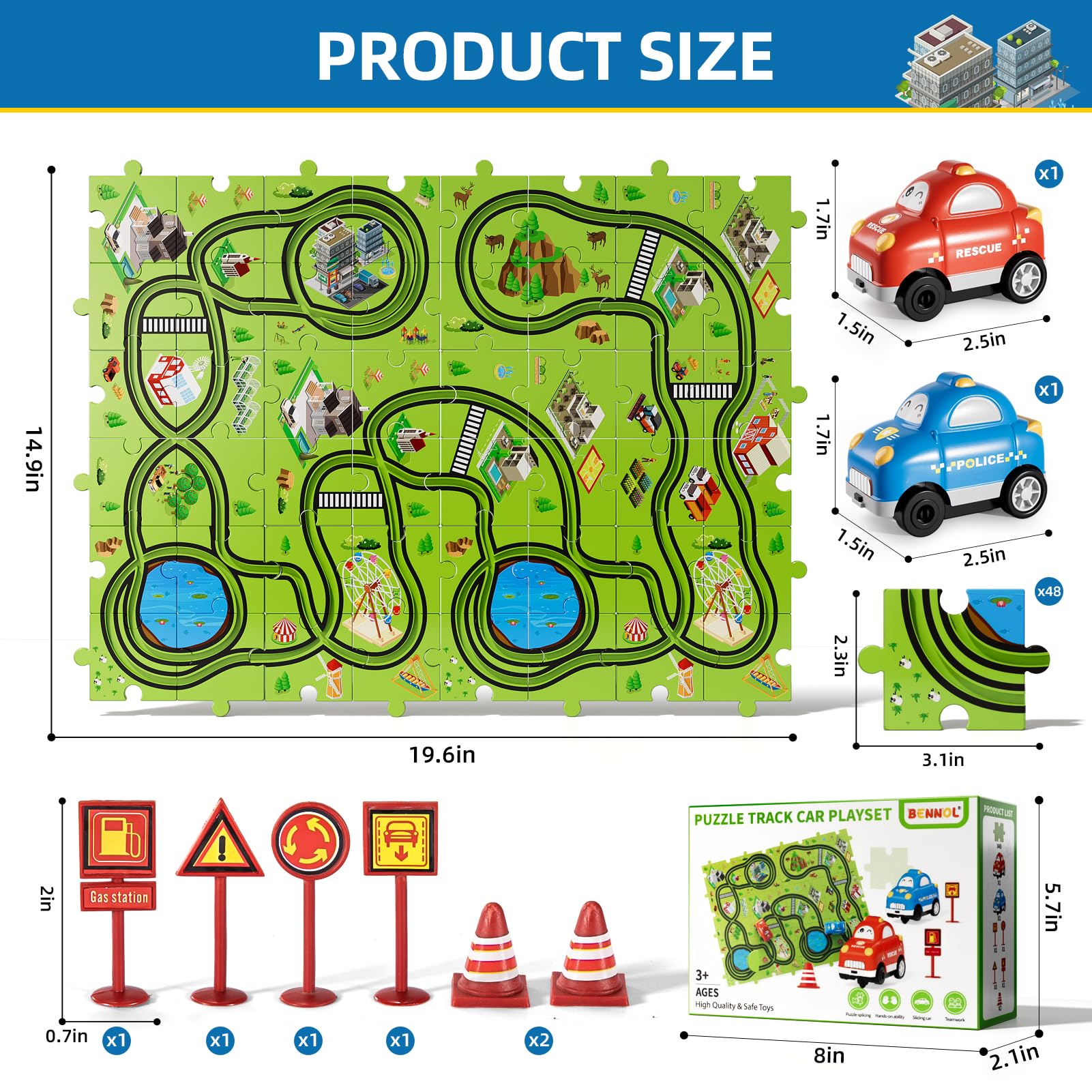 Bennol puzzle track car start gate demonstrates easy ignition for kids.