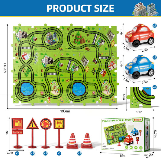 Bennol puzzle track car start gate demonstrates easy ignition for kids.