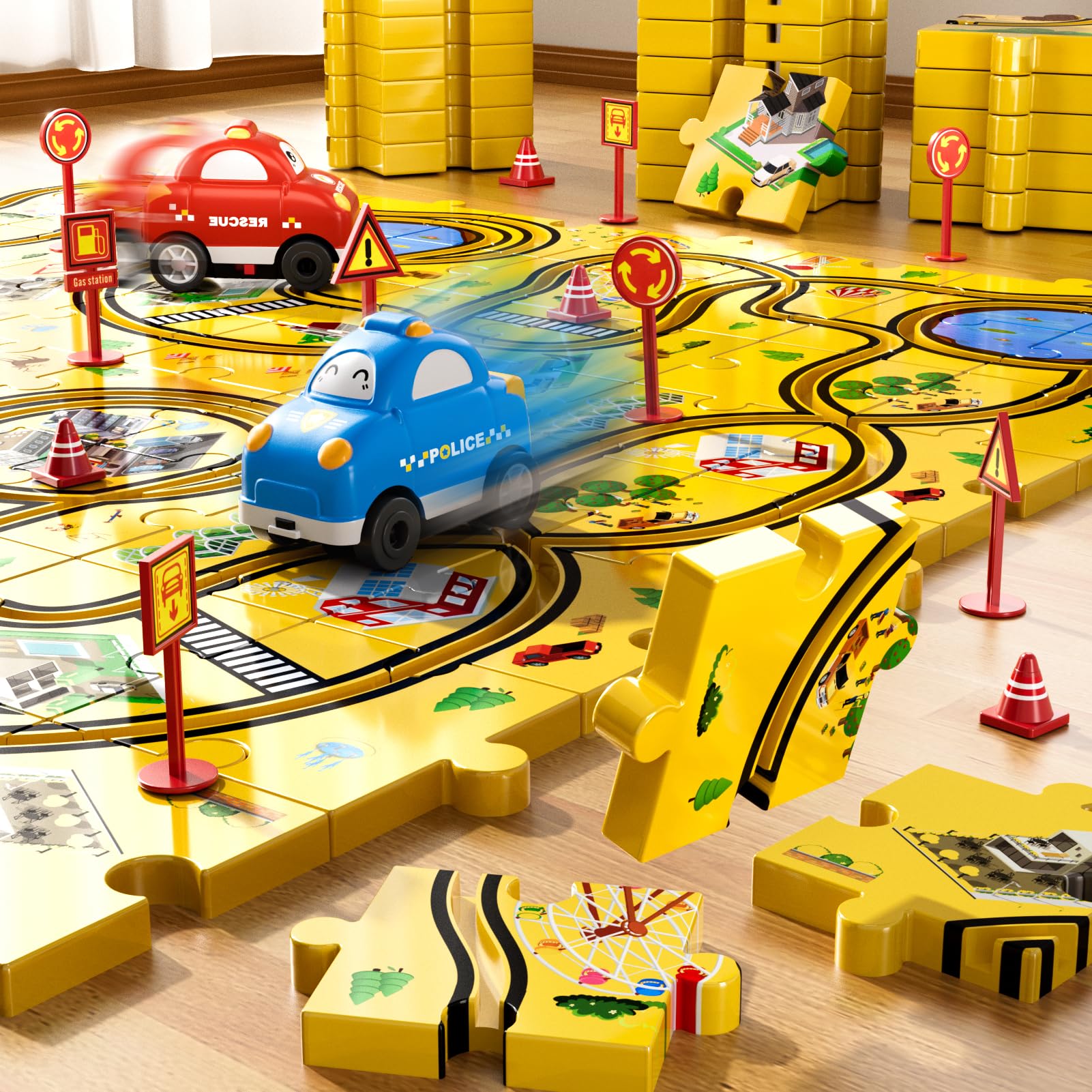 Bennol race track signs and pieces on display for clear puzzle routing.