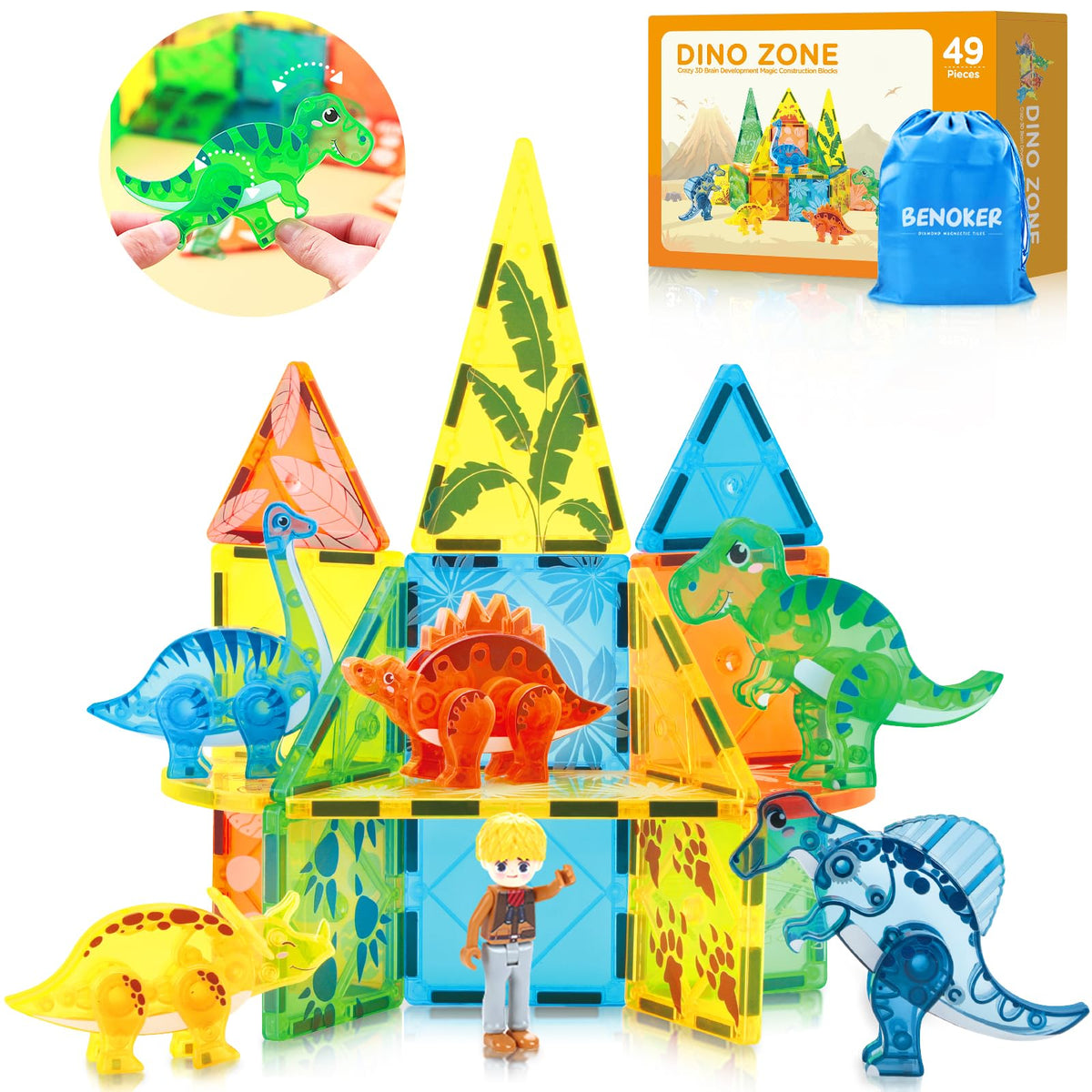 BENOKER Dinosaur Magnetic Tiles with forest pattern for creative play and exploration.