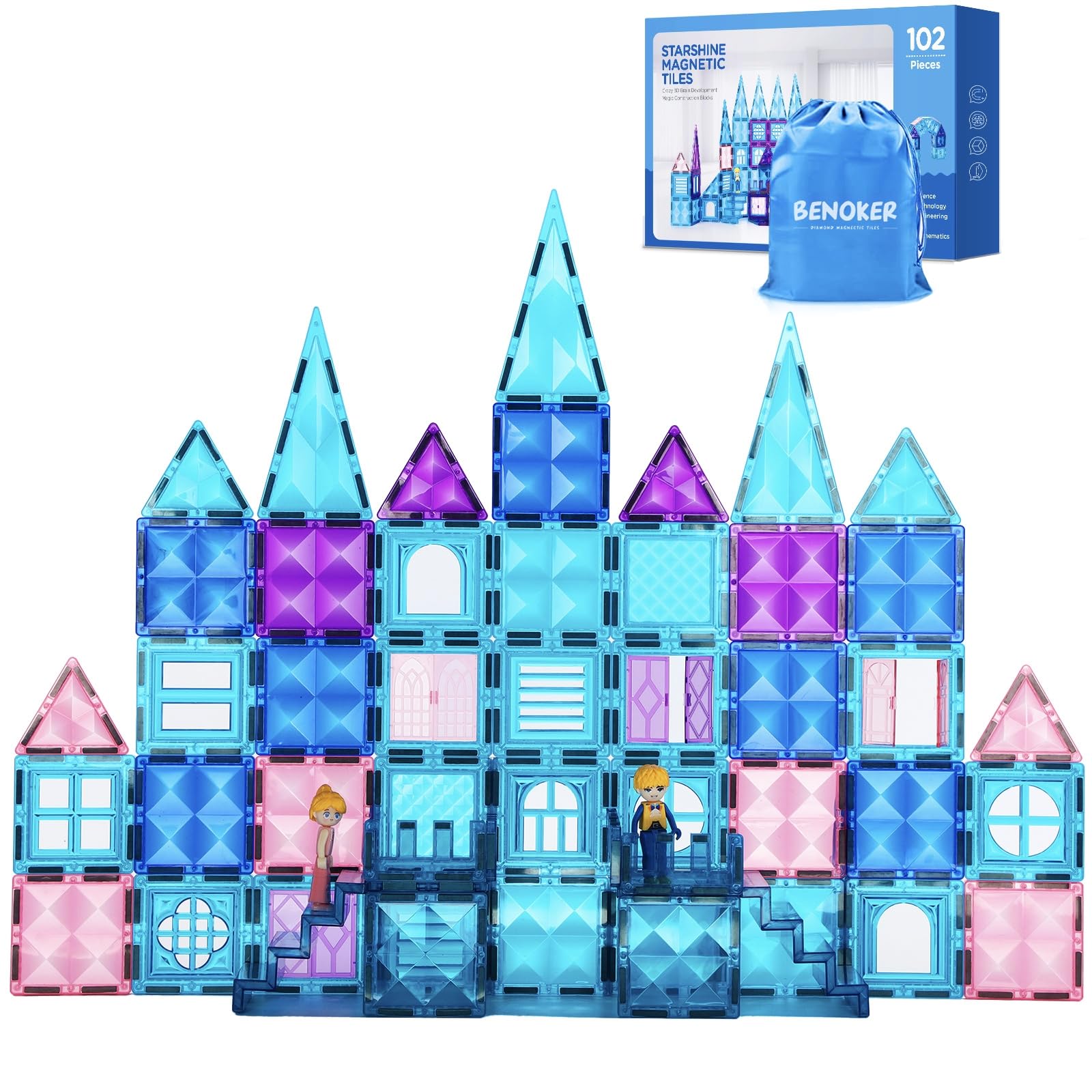 BENOKER Ice Castle magnetic tiles showcase imaginative play with a 102-piece set.