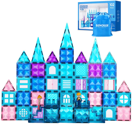 BENOKER Ice Castle magnetic tiles showcase imaginative play with a 102-piece set.