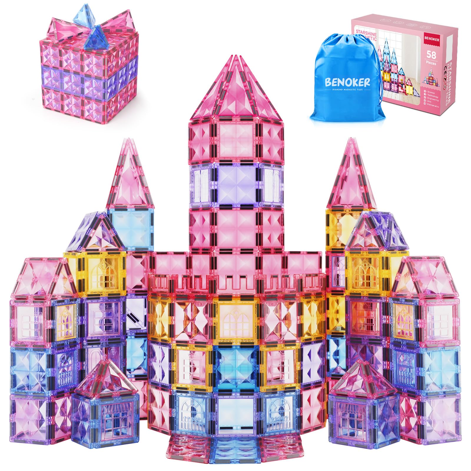 BENOKER Pink Castle tiles front view showing sparkling magnetic blocks for imaginative play