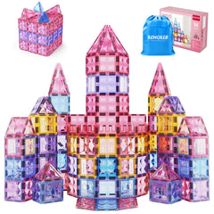 BENOKER Pink Castle tiles front view showing sparkling magnetic blocks for imaginative play