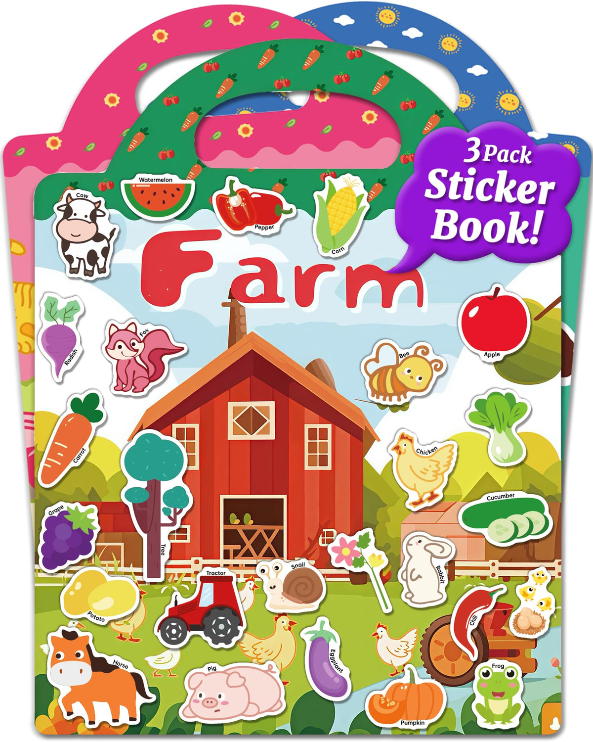 Benresive farm theme stickers on a kid-friendly book for travel fun