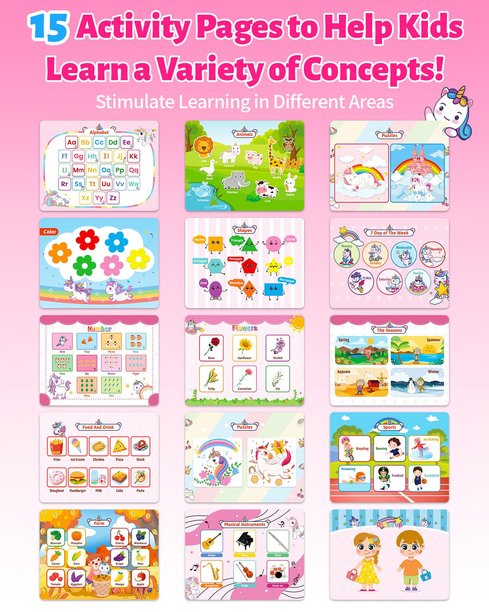 Benresive Busy Book drawing pages support color, shape, and letter recognition.