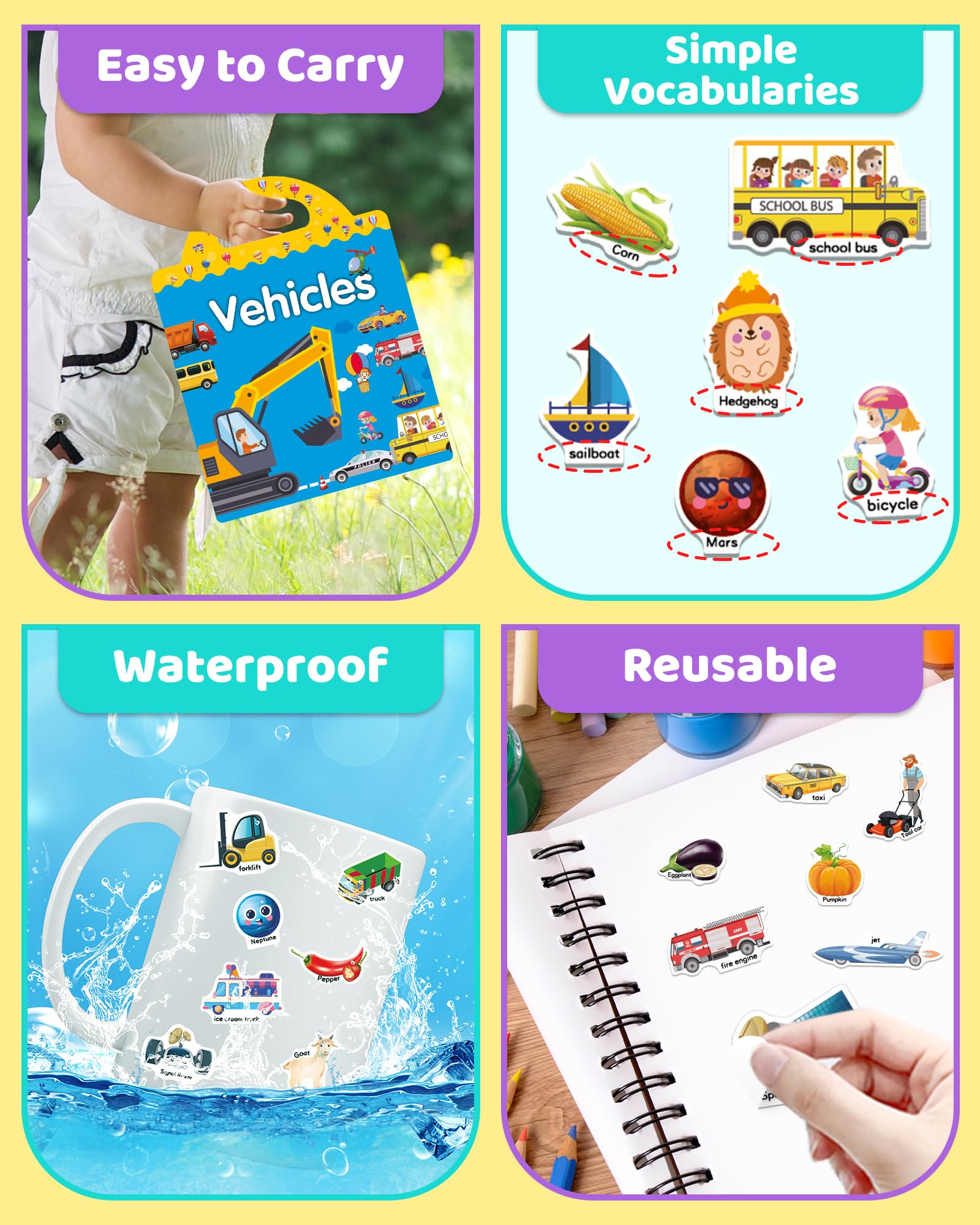 Benresive Vehicle sticker book includes portable handle for easy travel.