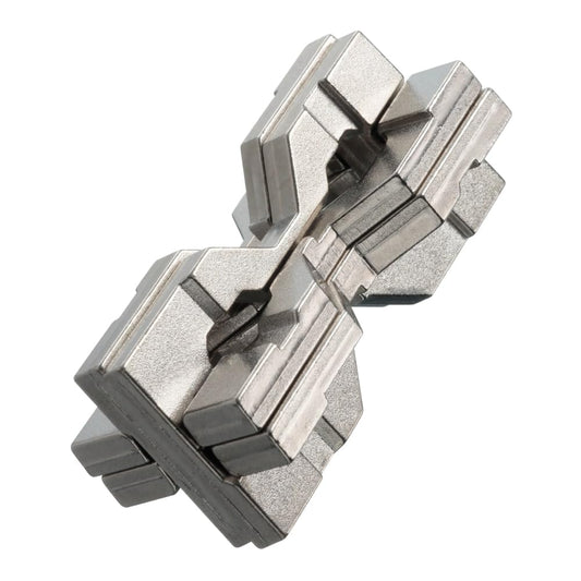 BePuzzled Hourglass Hanayama puzzle front view highlighting intricate metal design and display potential