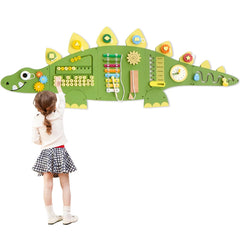 Beright Dinosaur Wall Panel Cogs enhances fine motor skills and problem-solving for toddlers.