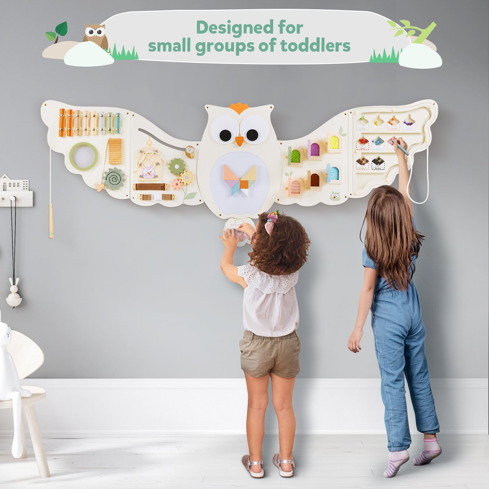 Beright Owl activity wall panel durable-wood construction promises long-lasting playroom use