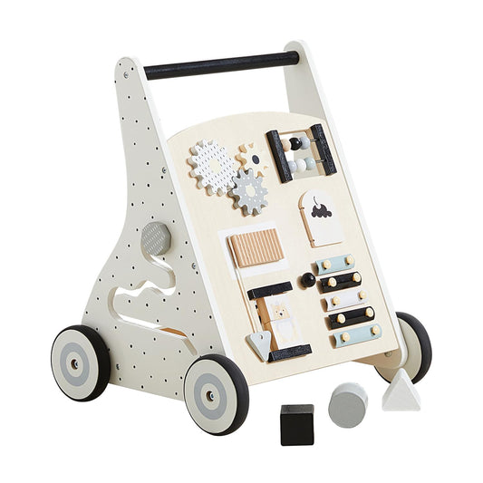 Beright wooden baby walker front view with push features for early mobility.