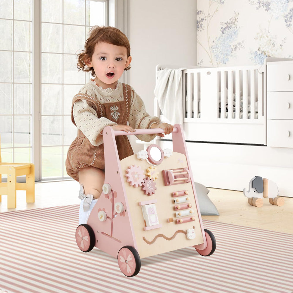 Beright wooden baby walker pink wheels and assembly details emphasize durability