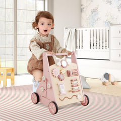 Beright wooden baby walker pink wheels and assembly details emphasize durability