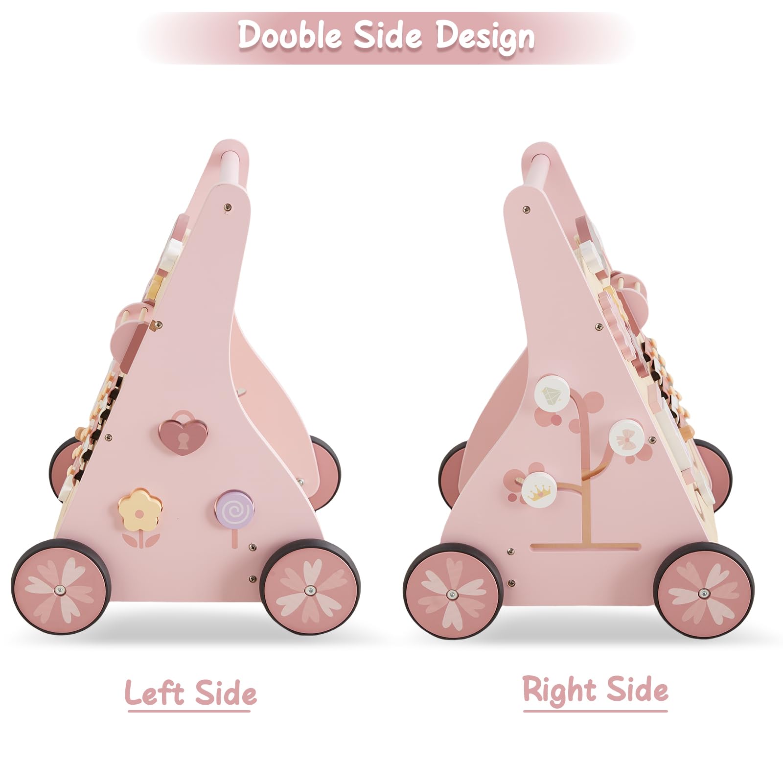 Beright wooden baby walker pink mirror play encourages visual tracking and self-awareness