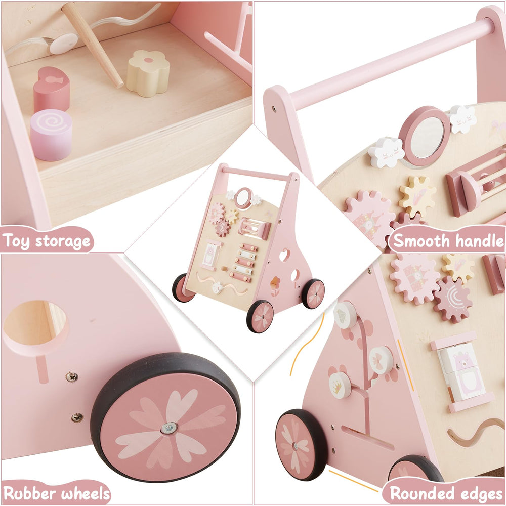 Beright wooden baby walker pink shapes puzzle supports cognitive and motor skills