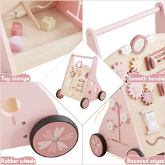 Beright wooden baby walker pink shapes puzzle supports cognitive and motor skills