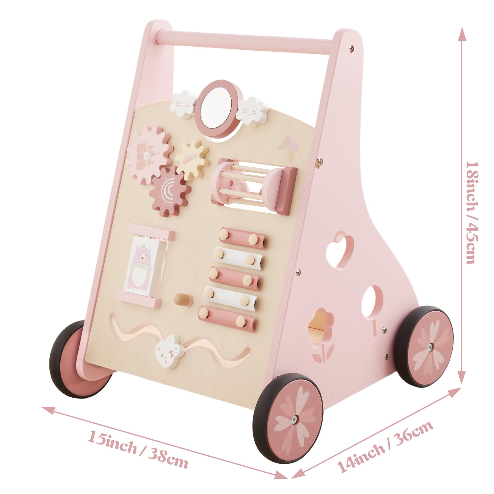 Beright wooden baby walker pink side view shows safe grip and smooth wheels