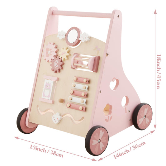Beright wooden baby walker pink side view shows safe grip and smooth wheels