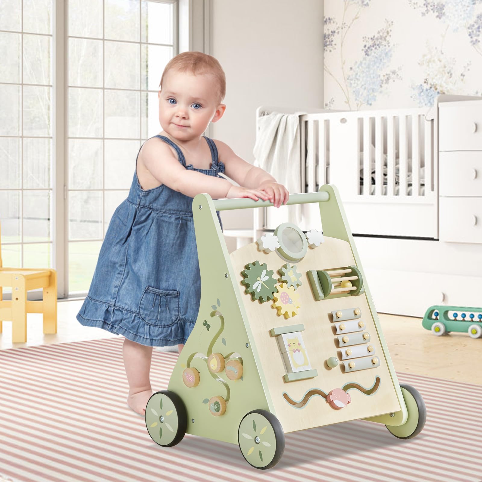 Beright walker wheels are rubber-coated to protect floors during play