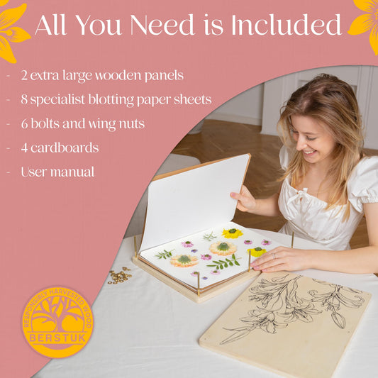 Berstuk extralarge flower press kit contents with boards and blotting paper for easy crafting.