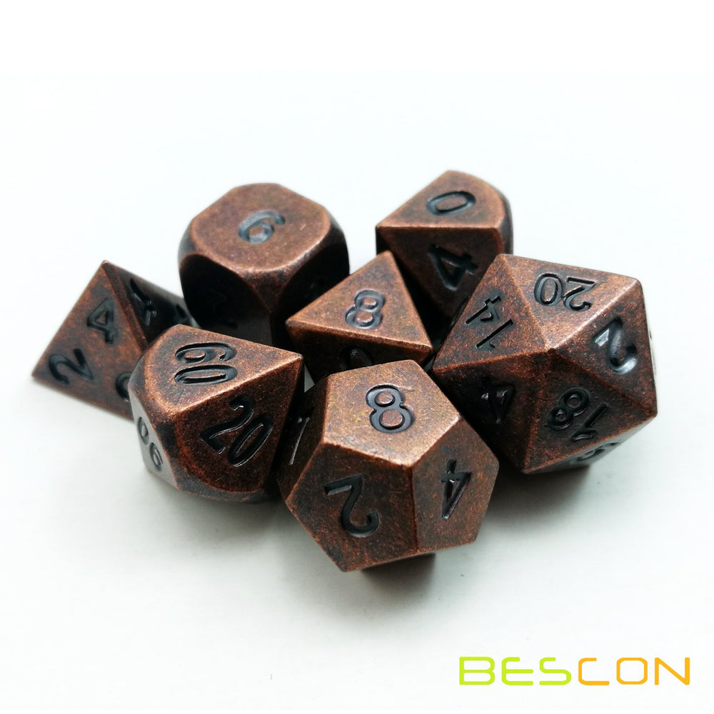 Bescon Antique Copper D20 metal die, premium metallic finish inspires confident dice rolls.