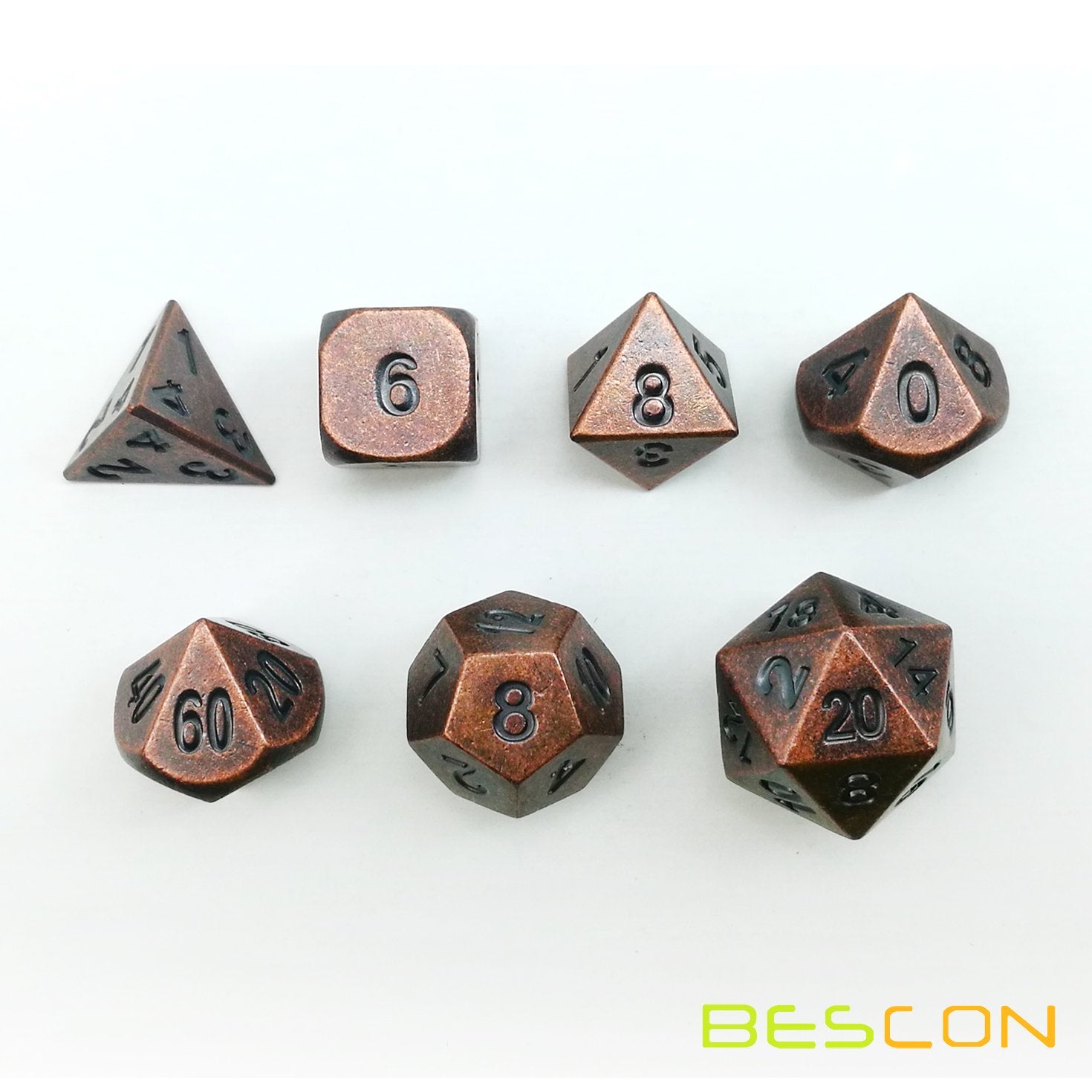 Bescon Antique Copper D8 metal die, solid weight ideal for long campaign sessions.