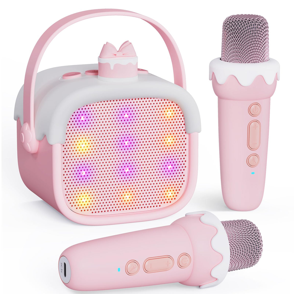 BESCOST mini karaoke with two wireless mics enables home duets.