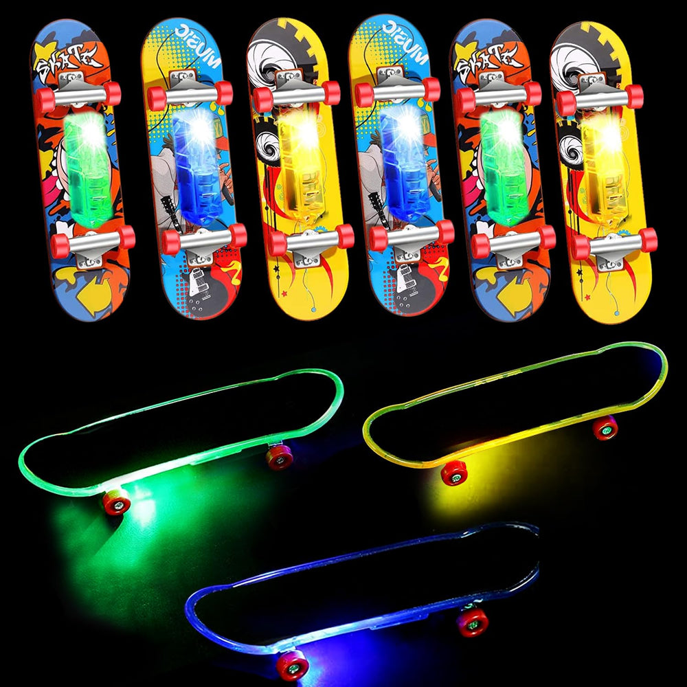 Beselley mini finger skateboards glow pack for nighttime play and skill practice.