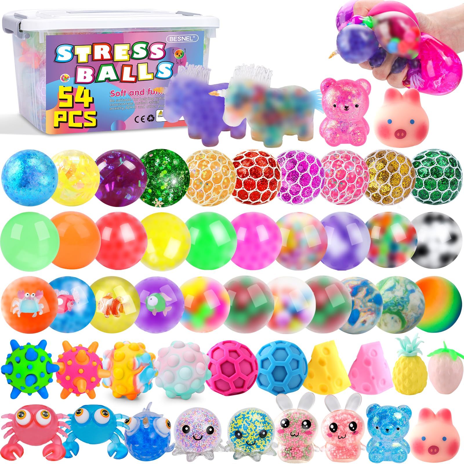 BESNEL 54-pack stress balls set in vibrant colors for portable stress relief.